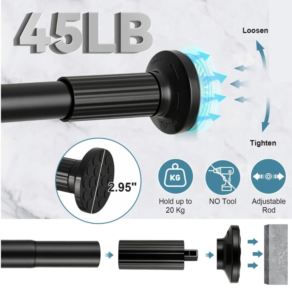 Black 51"-109' Tension Shower Curtain Rod - Heavy Duty No-Drill Install